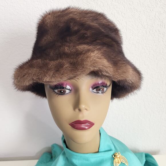 Fur Bucket Hat Womens One Size Brown Mink Vintage Fall Winter Luxe old hollywood - Picture 1 of 7